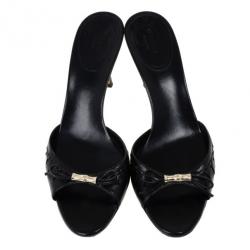 Pre Owned Gucci Black Bamboo Bow Slides Size 38