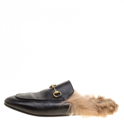 مملوكة مسبقًا Gucci Black Leather Fur Lined Princetown Flat Mule Loafers Size 39