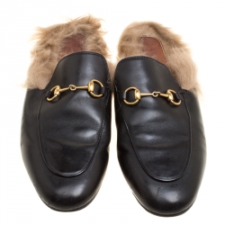 مملوكة مسبقًا Gucci Black Leather Fur Lined Princetown Flat Mule Loafers Size 39