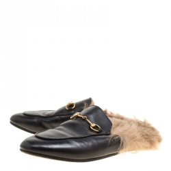 مملوكة مسبقًا Gucci Black Leather Fur Lined Princetown Flat Mule Loafers Size 39