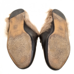 مملوكة مسبقًا Gucci Black Leather Fur Lined Princetown Flat Mule Loafers Size 39