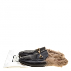مملوكة مسبقًا Gucci Black Leather Fur Lined Princetown Flat Mule Loafers Size 39