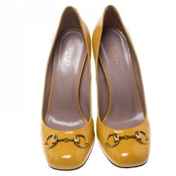 Pre Owned Gucci Yellow Patent Leather Jolene Horsebit Pumps Size 39