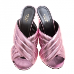 Pre Owned Gucci Pink Metallic Leather Sylvia Crossover Mules Size 39