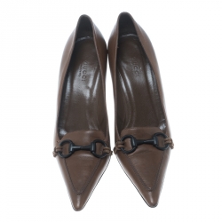 Pre Owned Gucci Brown Leather Horsebit Pointed Toe Pumps Size 38 