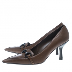 Pre Owned Gucci Brown Leather Horsebit Pointed Toe Pumps Size 38 