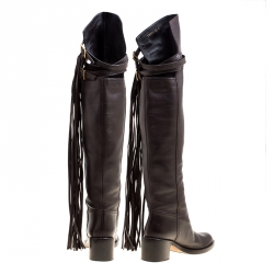 Pre Owned Gucci Brown Leather Fringe Detail Devendra Over The Knee Boots Size 40