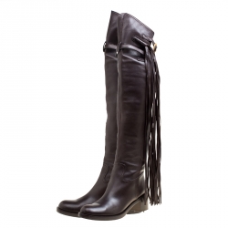 Pre Owned Gucci Brown Leather Fringe Detail Devendra Over The Knee Boots Size 40