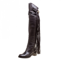 Pre Owned Gucci Brown Leather Fringe Detail Devendra Over The Knee Boots Size 40