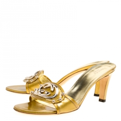 مملوكة مسبقًا Gucci Gold Glitter Patent Leather Britt Open Toe Slides Size 38.5