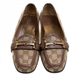 Pre Owned Gucci Beige GG Canvas Horsebit Loafers Size 38.5