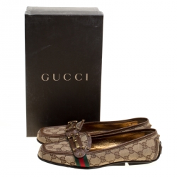 Pre Owned Gucci Beige GG Canvas Horsebit Loafers Size 38.5