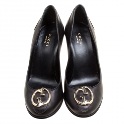 Pre Owned Gucci Black Leather GG Interlocking Pumps Size 36
