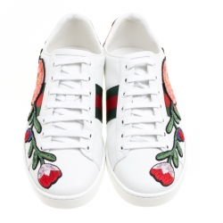 Pre Owned حذاء رياضي غوتشي منخفض من أعلى ايس جلد مطرز زهور أبيض مقاس 36.5