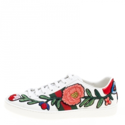 Pre Owned حذاء رياضي غوتشي منخفض من أعلى ايس جلد مطرز زهور أبيض مقاس 36.5