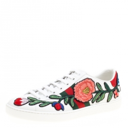 Pre Owned حذاء رياضي غوتشي منخفض من أعلى ايس جلد مطرز زهور أبيض مقاس 36.5