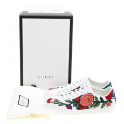 Pre Owned حذاء رياضي غوتشي منخفض من أعلى ايس جلد مطرز زهور أبيض مقاس 36.5