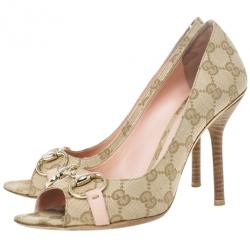 Pre Owned Gucci Guccissima Canvas Horsebit Peep Toe Pumps Size 39