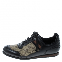 مملوكة مسبقًا حذاء رياضي غوتشي أربطة ويب سيرانو جلد وكانفاس سوبريم GG أسود/ بيج مقاس 37