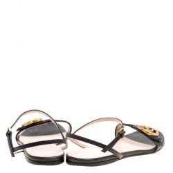Pre Owned Gucci Black Leather Marmont Double G Flat Ankle Strap Sandals Size 38