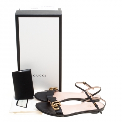 Pre Owned Gucci Black Leather Marmont Double G Flat Ankle Strap Sandals Size 38