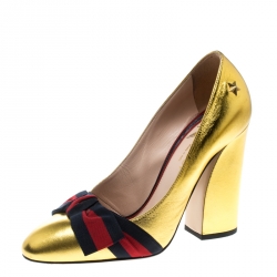 Pre Owned Gucci Metallic Gold Leather Web Bow Detail Pumps Size 37.5