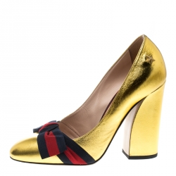 Pre Owned Gucci Metallic Gold Leather Web Bow Detail Pumps Size 37.5