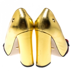 Pre Owned Gucci Metallic Gold Leather Web Bow Detail Pumps Size 37.5