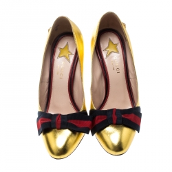 Pre Owned Gucci Metallic Gold Leather Web Bow Detail Pumps Size 37.5