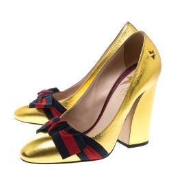 Pre Owned Gucci Metallic Gold Leather Web Bow Detail Pumps Size 37.5