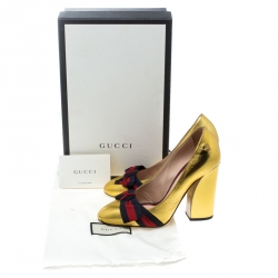 Pre Owned Gucci Metallic Gold Leather Web Bow Detail Pumps Size 37.5