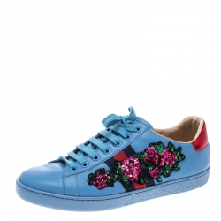 Pre Owned Gucci Blue Leather Web Floral Embellished Ace Sneakers Size 39