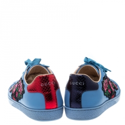 Pre Owned Gucci Blue Leather Web Floral Embellished Ace Sneakers Size 39