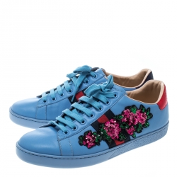 Pre Owned Gucci Blue Leather Web Floral Embellished Ace Sneakers Size 39