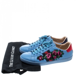 Pre Owned Gucci Blue Leather Web Floral Embellished Ace Sneakers Size 39