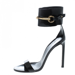 Pre Owned Gucci Black Patent Leather Horsebit Ankle Strap Sandals Size 37