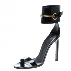 Pre Owned Gucci Black Patent Leather Horsebit Ankle Strap Sandals Size 37