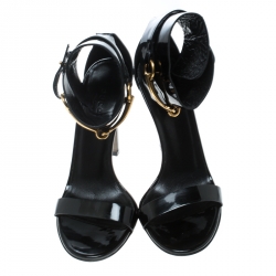 Pre Owned Gucci Black Patent Leather Horsebit Ankle Strap Sandals Size 37