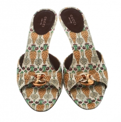 Pre Owned Gucci Beige Printed Canvas Horsebit Link Slides Size 39