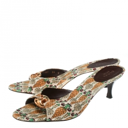 Pre Owned Gucci Beige Printed Canvas Horsebit Link Slides Size 39