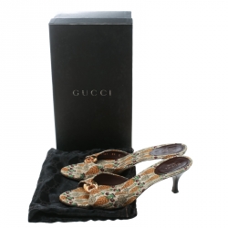 Pre Owned Gucci Beige Printed Canvas Horsebit Link Slides Size 39