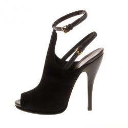 Pre Owned Gucci Black Leather And Suede Slingback Ankle Strap Sandals Size 38