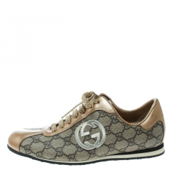 Pre Owned Gucci Beige Guccissima Canvas And Metallic Gold Leather GG Lace Up Sneakers Size 38