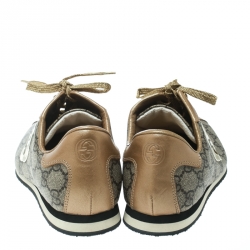 Pre Owned Gucci Beige Guccissima Canvas And Metallic Gold Leather GG Lace Up Sneakers Size 38