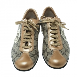 Pre Owned Gucci Beige Guccissima Canvas And Metallic Gold Leather GG Lace Up Sneakers Size 38