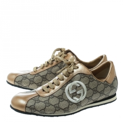 Pre Owned Gucci Beige Guccissima Canvas And Metallic Gold Leather GG Lace Up Sneakers Size 38
