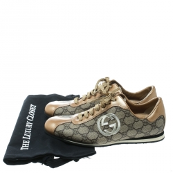 Pre Owned Gucci Beige Guccissima Canvas And Metallic Gold Leather GG Lace Up Sneakers Size 38