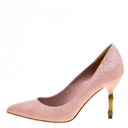 Pre Owned Gucci Pale Pink Guccissima Leather Kristen Bamboo Heel Pumps Size 35.5