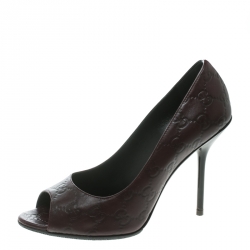 Pre Owned Gucci Plum Guccissima Leather Peep Toe Pumps Size 38.5