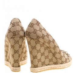 Pre Owned حذاء كعب عالي غوتشي نعل روكي مقدمة مفتوحة هورسبيت شارلوت كانفاس GG بيج مقاس 40